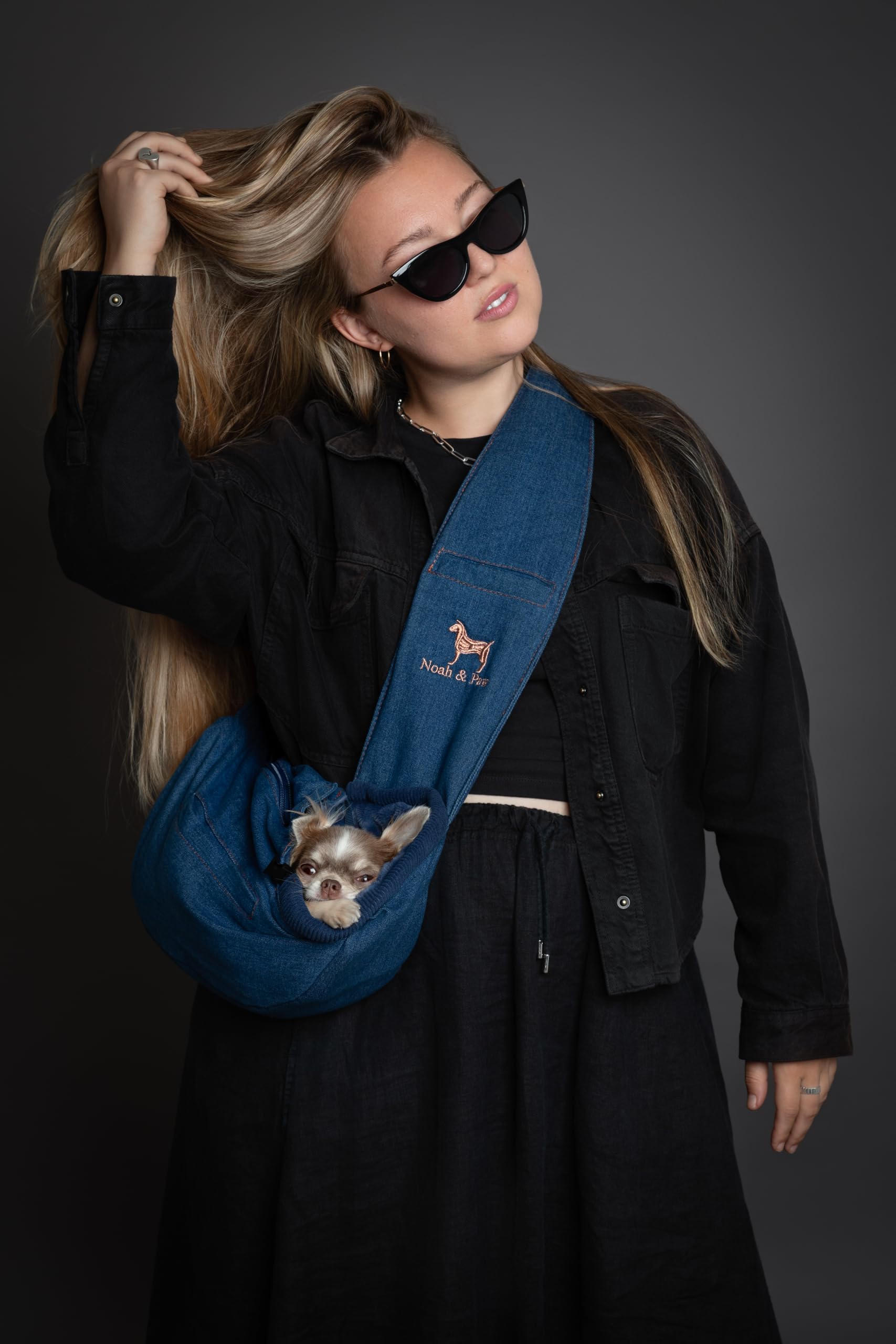 Noah & Paw Bandolera transportin Perro 1,5-5 kg, transportin Gato pequeño, Bolsa Transporte Ajustable para Mascotas, 3X función de Seguridad, Fabricado en Denim Premium.
