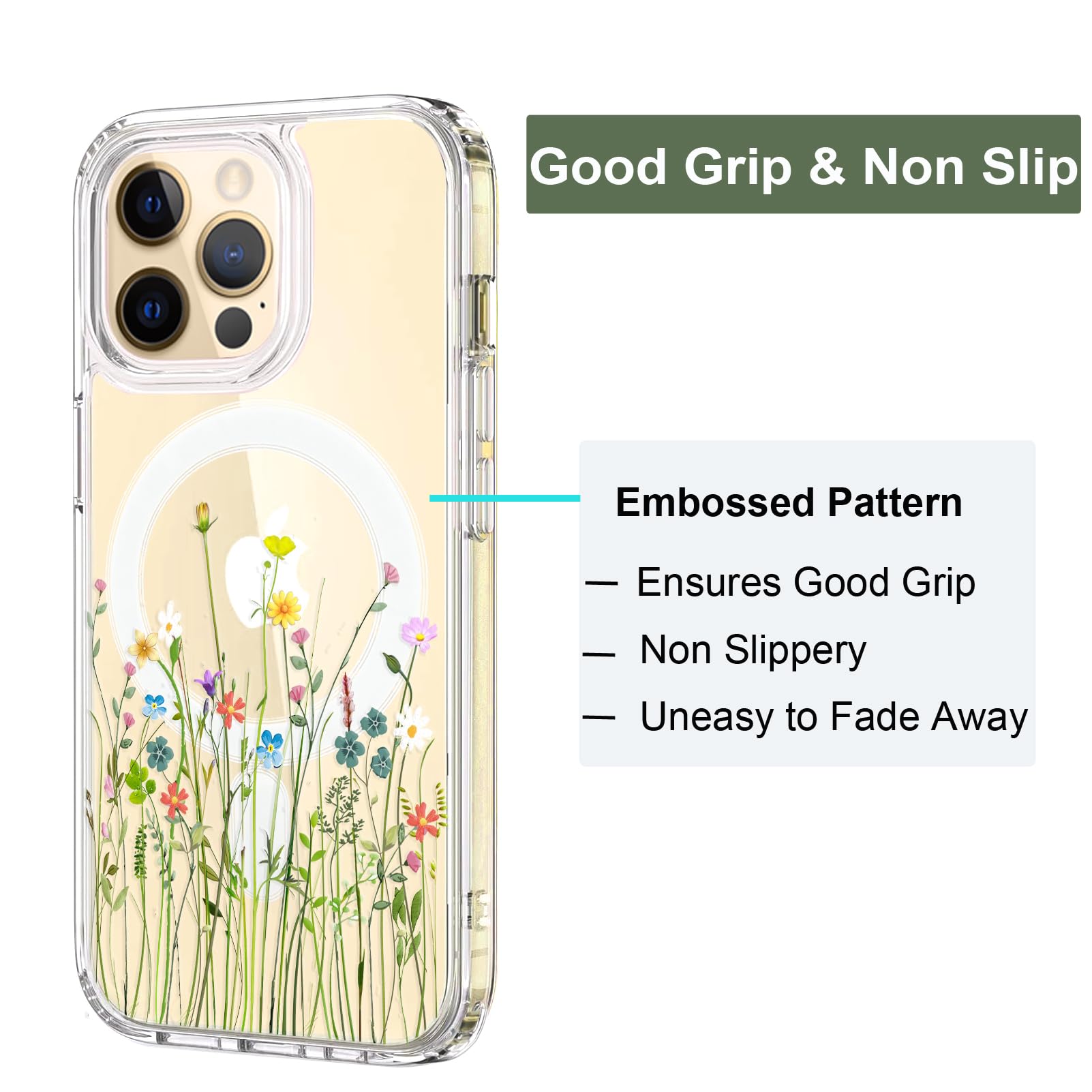Unov Case Compatible with iPhone 15 Pro Case Magnetic Clear with Design Compatible with MagSafe Slim Protective Soft TPU Bumper with Hard PC Back Embossed Pattern (Flower Bouquet) - Image 4