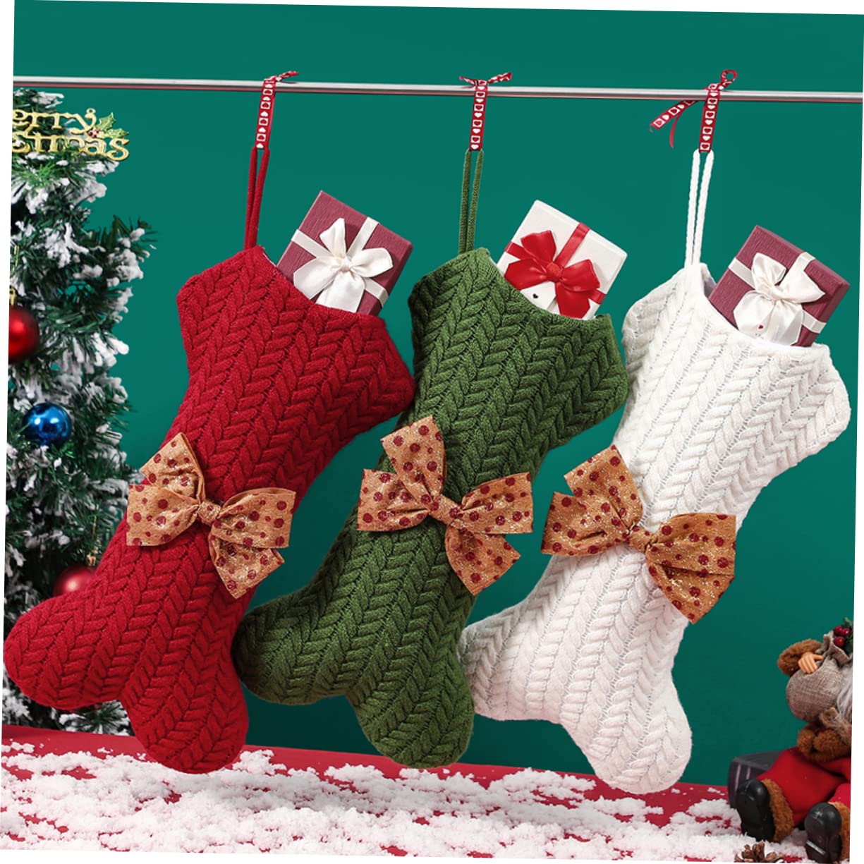 PRETYZOOM 3 Pz Calze di Osso Lavorate a Maglia Calze di Natale all'Uncinetto Ornamento del di Natale Borsa di Natale Ornamento Dell'albero di Natale Calza Ossea Bianca Filato
