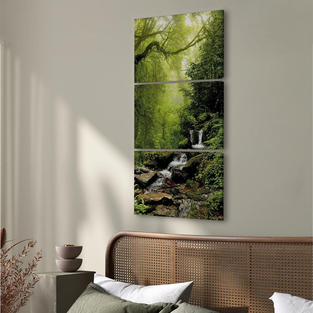 decomonkey Wandbilder Wald 90x180 cm 3 Teilig Leinwandbilder Kunstdruck | Bild auf Leinwand, Wanddeko, Wohnzimmer, Wanddekoration, Bäume, Fluss, Wasser, Natur, grün