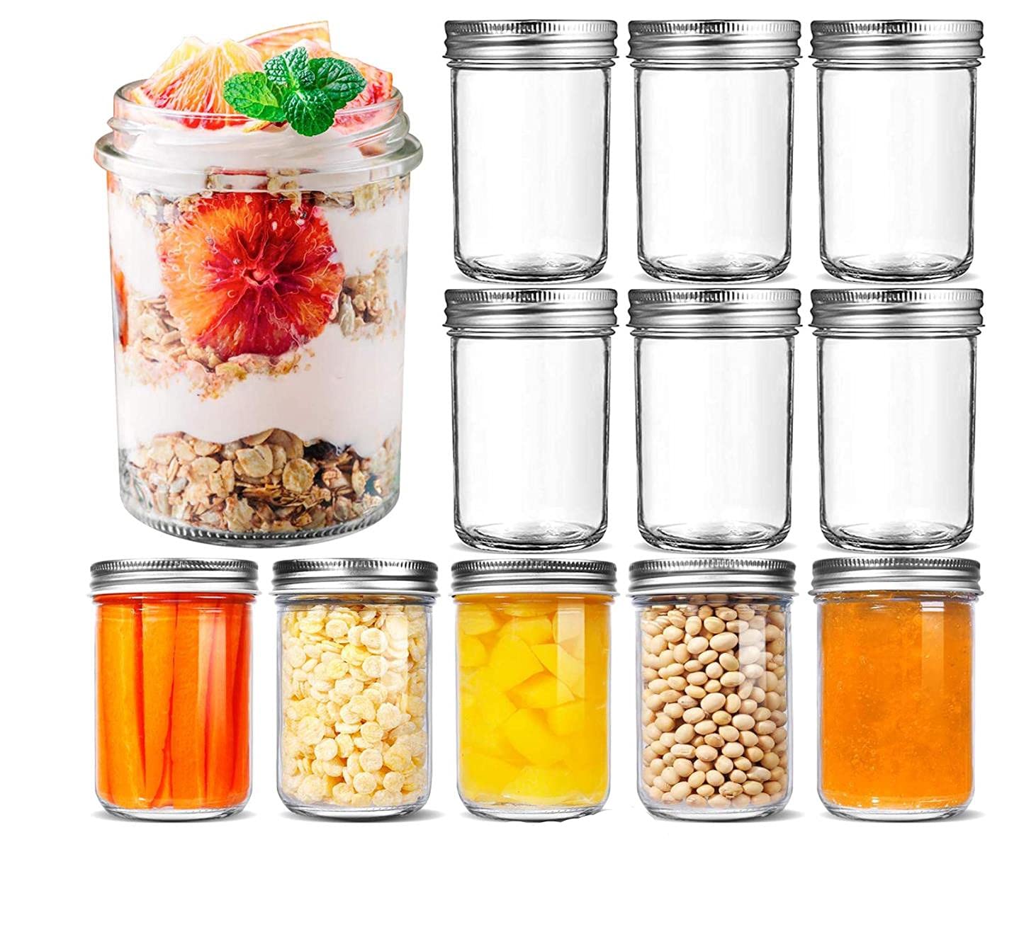 FUFU Mason jar, with a sealed metal regular lid (8oz/250ml), a sealed clear glass jar, used for desserts, coffee beans, seasonings, honey, jam, jelly, a total of 12 (250ML)