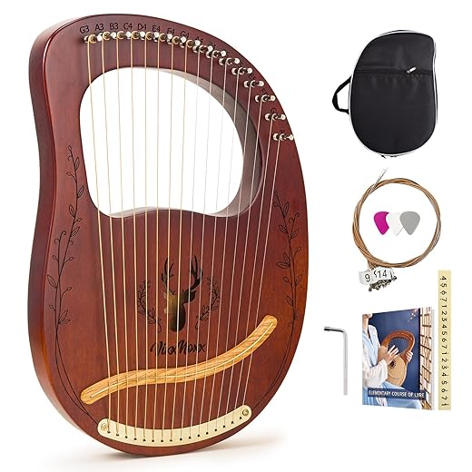 Lyre Harp, 16-String Mahogany Lyra Harp Kit, Stringed Musical Instruments with Tuning Wrench Bag Instructions Extra Strings for Beginners Adults