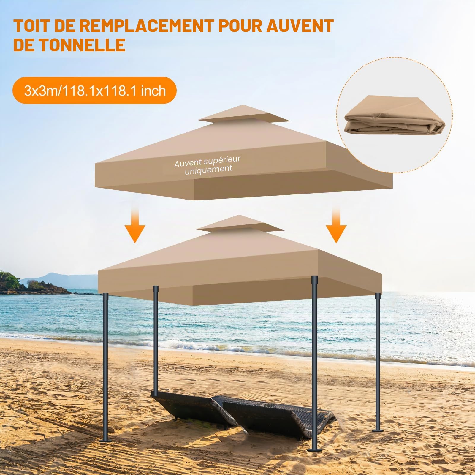 Toit de Remplacement pour Tonnelle 3x3m Imperméable et Protection Solaire, Double Ventilation Toile Rechange Tonnelle pour Jardin, Camping et Terrasse (Kaki)