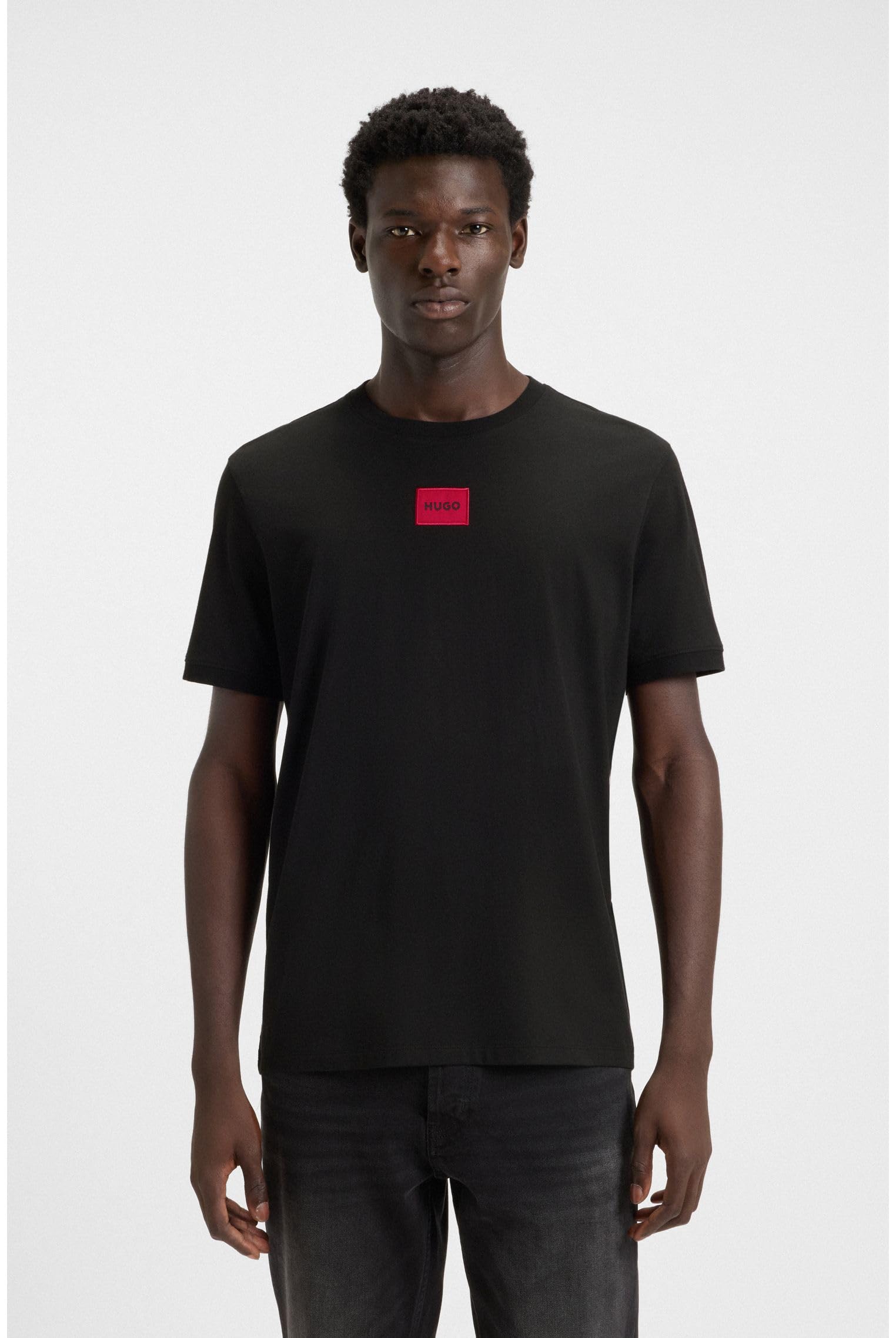 HUGO Męski t-shirt Diragolino212 Regular-Fit z bawełny z czerwoną etykietą z logo, czarny (Black1), XL