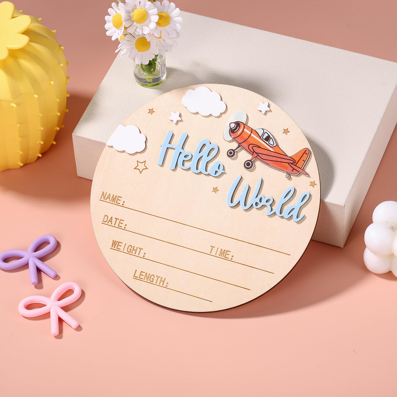 NQEUEPN Panneau d'Annonce de Naissance, 15 cm Panneau en Bois « Bonjour le Monde » Plaque Bienvenue pour Nouveau-Né Plaque avec le Prénom Bébé Accessoire Photo pour la Maternité (Bleu)