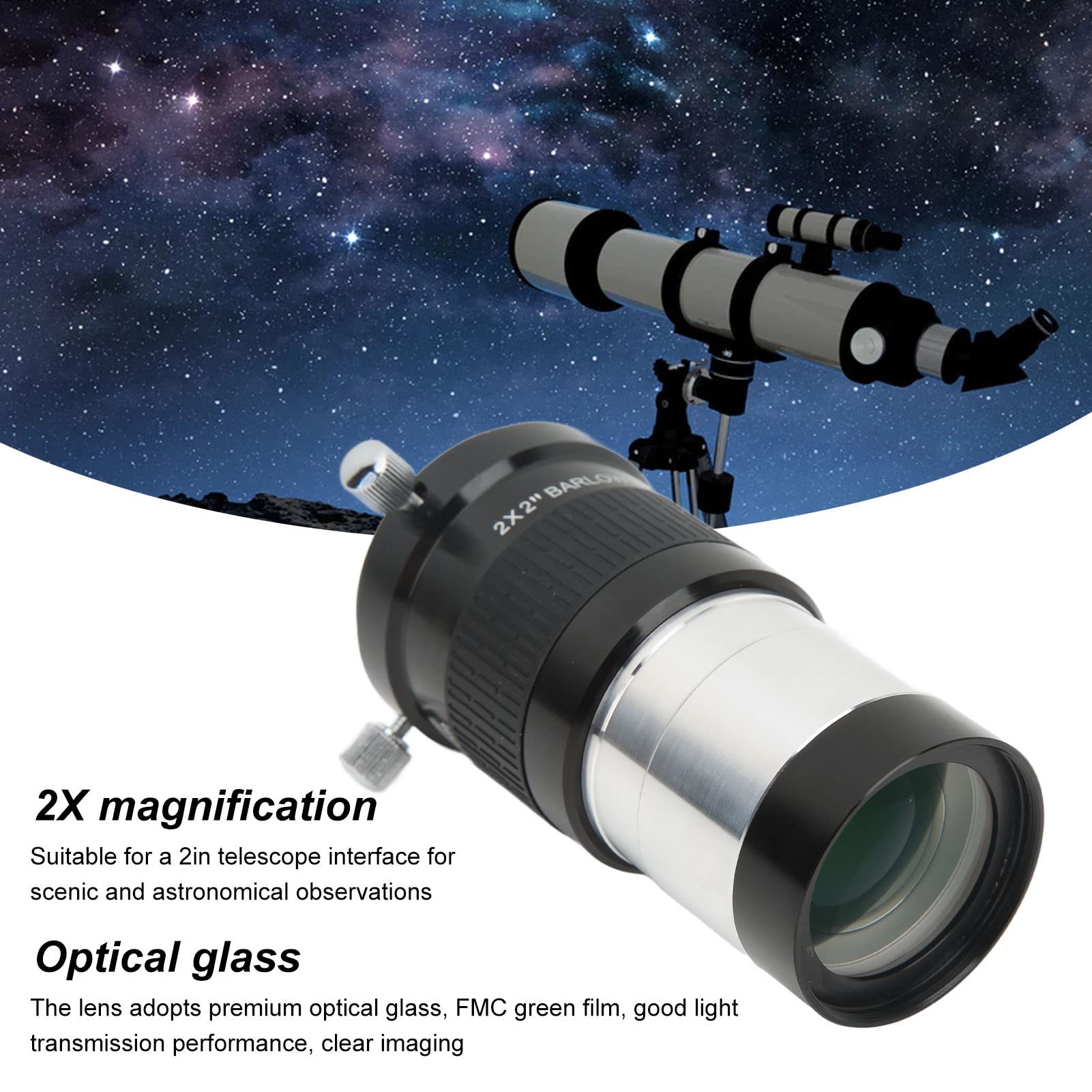 Lente di Barlow, Lente di Barlow da 2 Pollici 2X con Anello Adattatore da 2 Pollici a 1,25 Pollici, Lente D'ingrandimento del Telescopio Astronomico, Accessorio del Telescopio