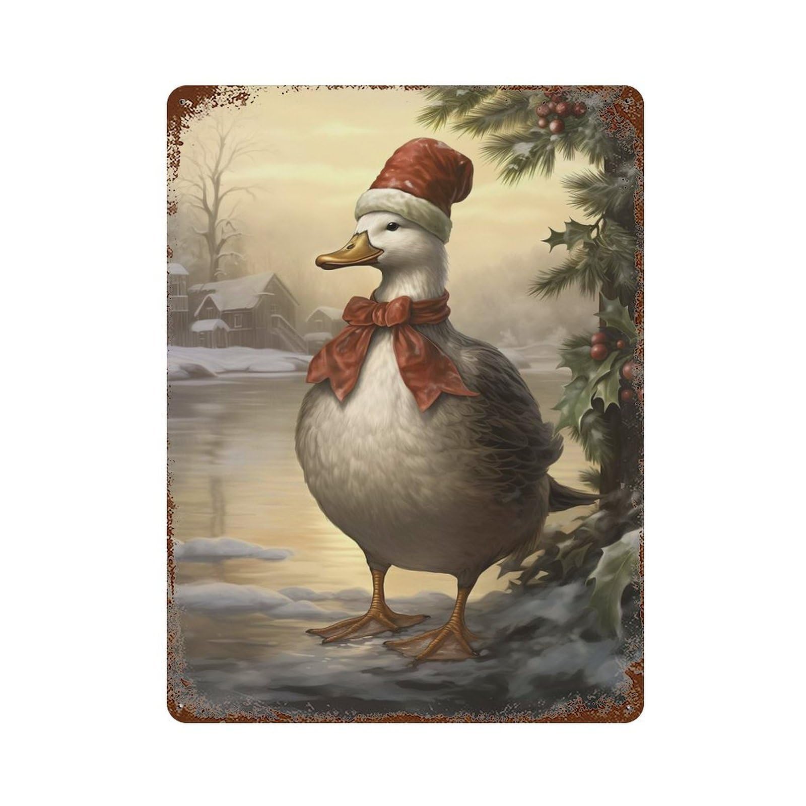 Snowy Christmas Duck Aged Metal Wall Plaque 15.7"x11.8", Farmhouse Wall Decor for Patio, Garden Room And Bar Decor