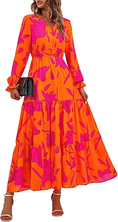BTFBM Women Fall Dresses 2025 Casual Long Sleeve V Neck Maxi Dresses Floral Boho Long Dress Wedding Guest Dress