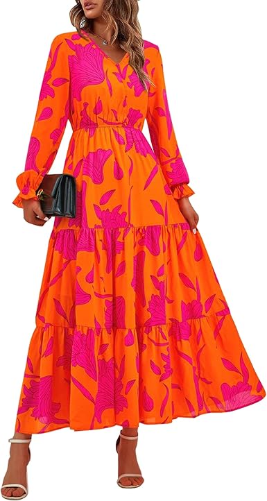 BTFBM Women Fall Dresses 2025 Casual Long Sleeve V Neck Maxi Dresses Floral Boho Long Dress Wedding Guest Dress