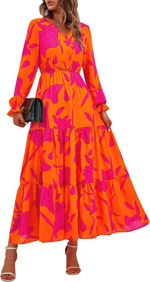BTFBM Women Fall Dresses 2025 Casual Long Sleeve V Neck Maxi Dresses Floral Boho Long Dress Wedding Guest Dress