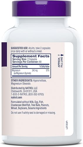 Miniatura 9 de Natrol Glicinato de magnesio 240 mg, suplemento de magnesio de alta absorción para un sueño saludable y cuerpo, 120 cápsulas, hasta un suministro de