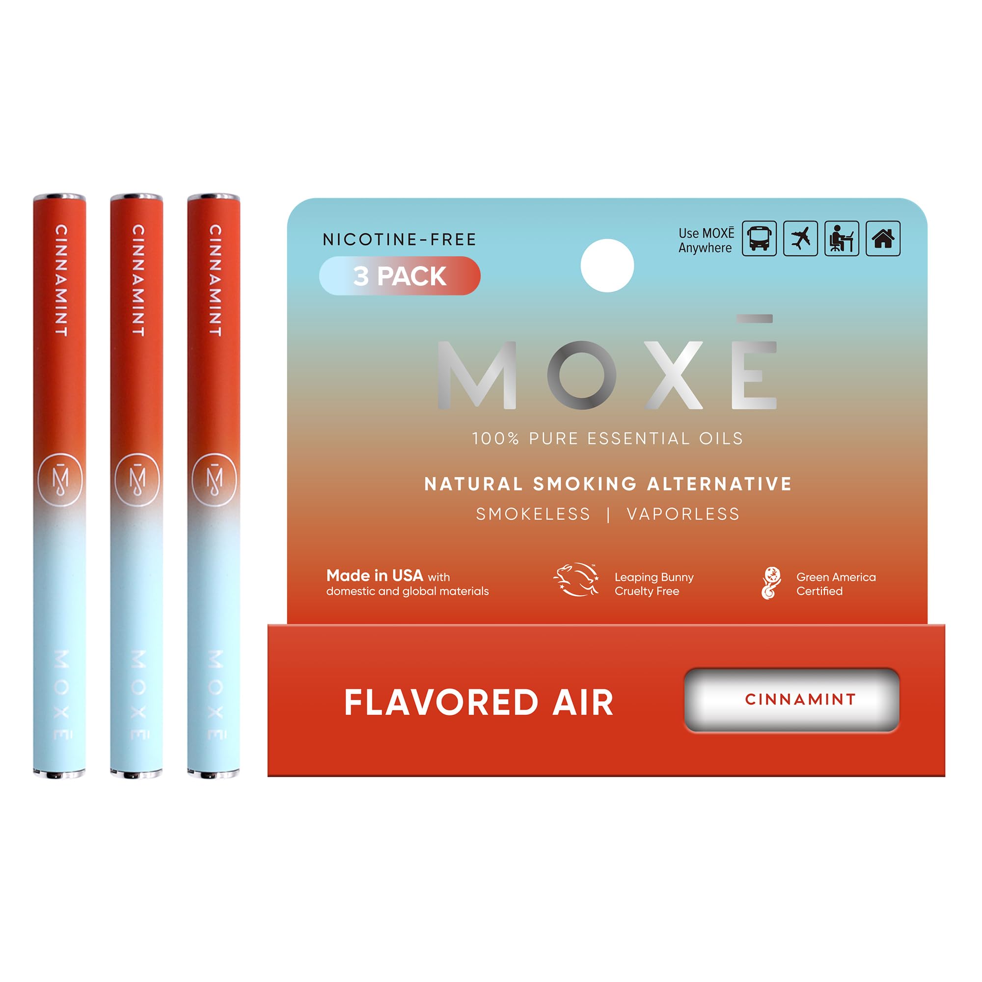 MOXE Natural Cinnamint Smokeless Inhaler, Non-Electric Craving Relief, 3PK