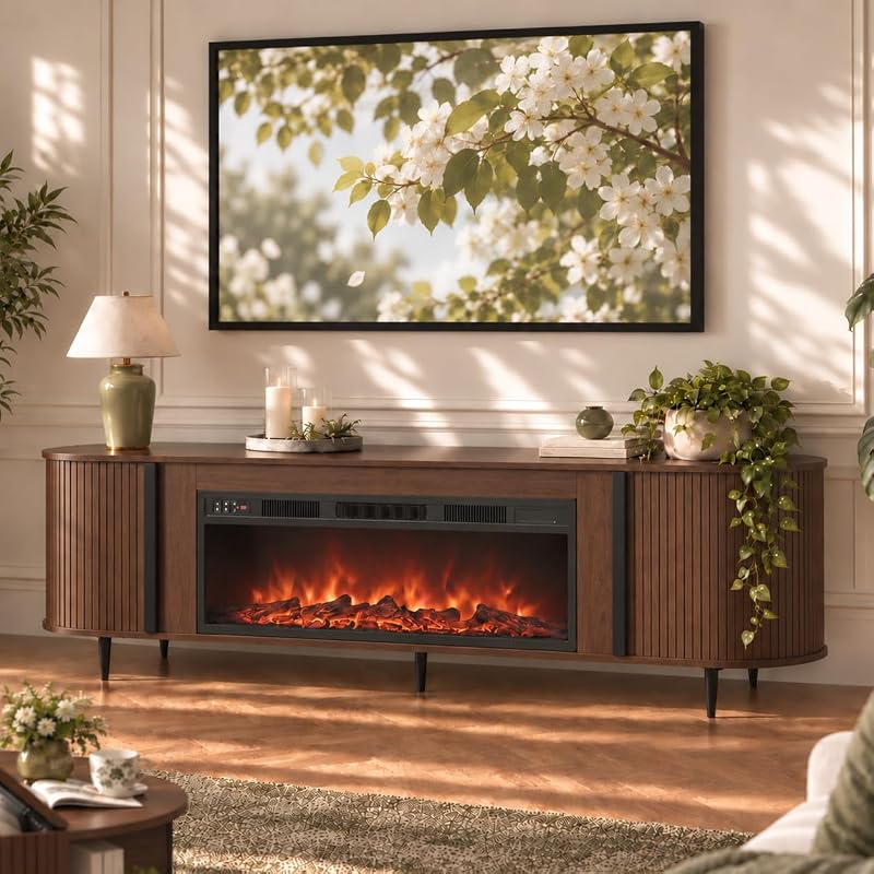 Luxury Fluted TV Stand with Fireplace, 70 inch, Brown