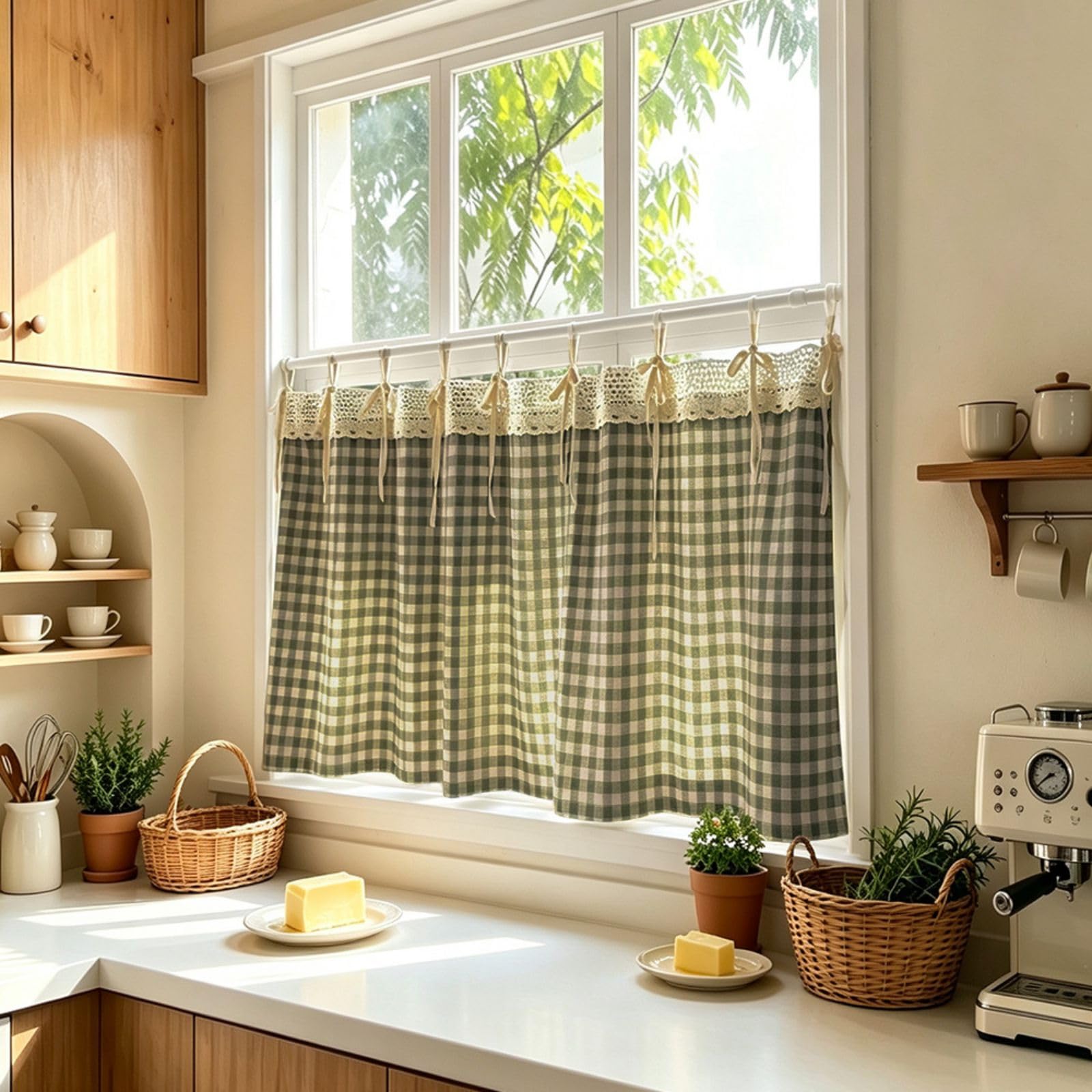 Gingham Cafe Curtains for Kitchen Windows, Farmhouse Small Window Valance