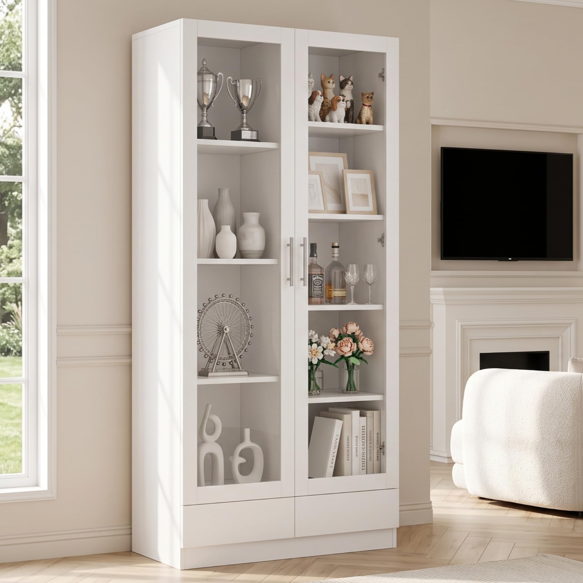 Gecheer Glasvitrine 80x40x160 cm, 4+5 Fächer & 2 Schubladen, Weiß