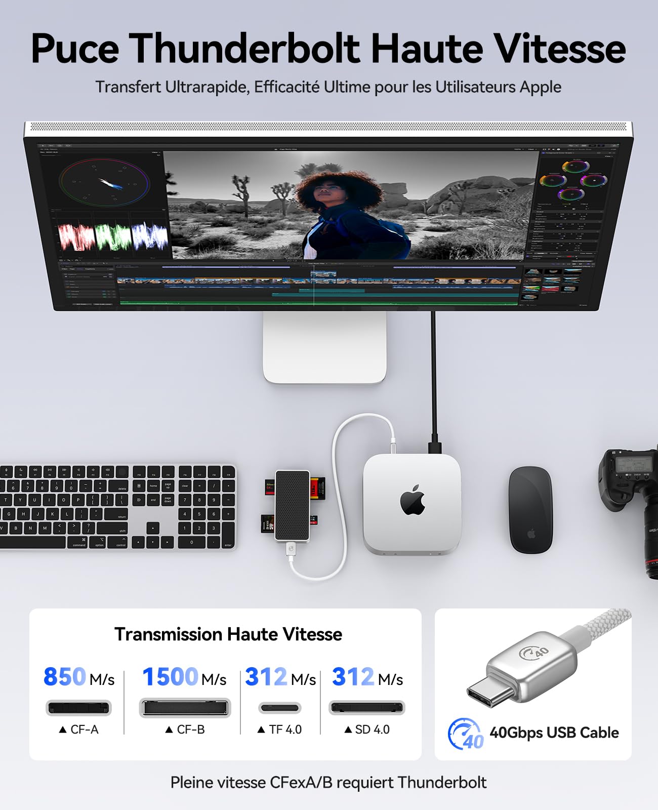 ORICO CFexpress Lecteur de carte mémoire 40 Gbps type B/A et SD/TF UHS-II avec quatre emplacements, lecteur de carte USB4 haute performance compatible avec Thunderbolt 3/4/5