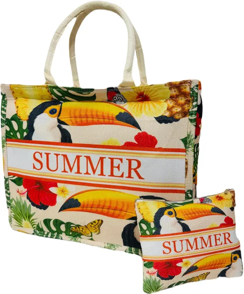 Bolsa De Praia Branca Verde Estampada Colorida Com Flores Pássaros