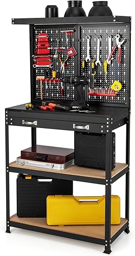 Miniatura 10 de Safstar - Banco de trabajo de 315 x 16 pulgadas banco de trabajo de madera con tablero de clavijas y 2 estantes inferiores 14 accesorios para colgar