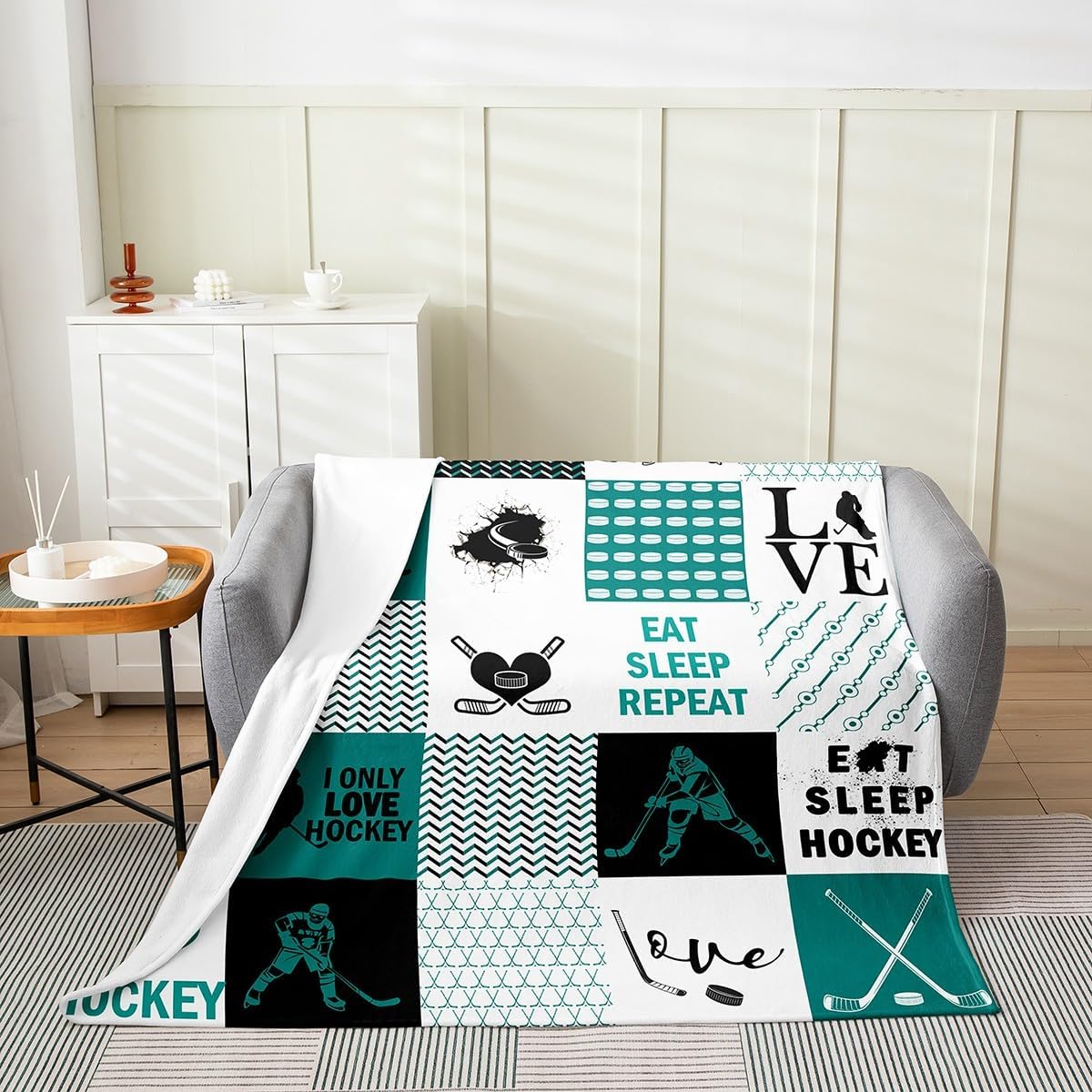 Erosebridal Hockey Blanket Queen 90x90,Hockey Player Fleece Blanket,Winter Sports Game Throw Blanket for Kids Boys,Rainbow Geometric Fuzzy Blanket,Patchwork Grid Flannel Blanket for Sofa Bed Couch