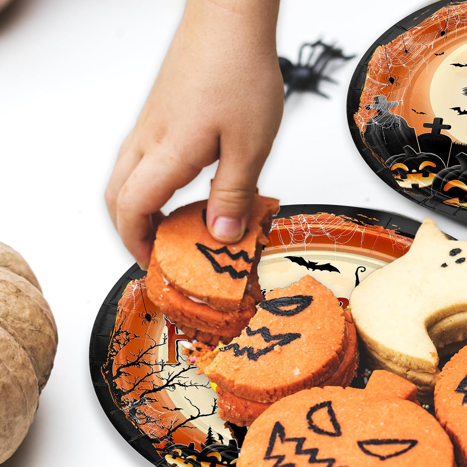 Avezano 192 Pcs Halloween Paper Plates and Napkins Happy Halloween Party Decorations Tableware Scary Moon Night Birthday Baby Shower Holiday Party Decor Serve 24 (Orange)