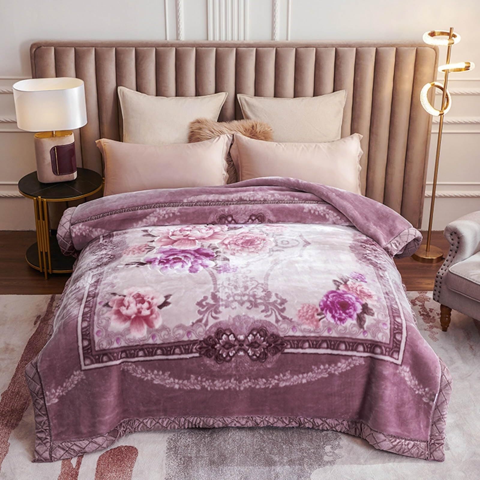 Coperta in Visone Coreano, Coperte a 2 Strati, Coperta Raschel Pesante, Morbida e Calda per Letto, Autunno, Inverno, Letto, Divano, Fiore, 200 * 230 cm(Purple,200 * 230cm)