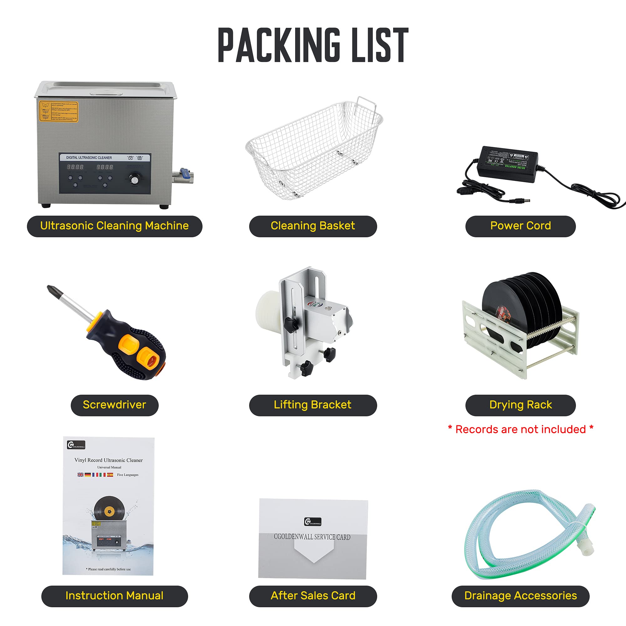 CGOLDENWALL 6.5L Ultrasonic Vinyl Record Cleaner 712 Inch 6 Records