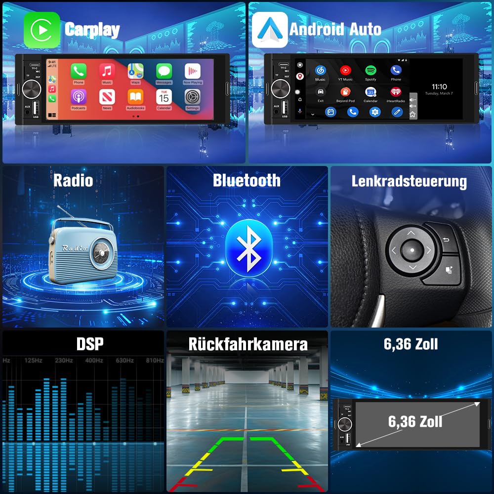 Junsun Smartes 1 DIN Autoradio mit 6,36 Zoll Touchscreen, Wired and Wireless CarPlay und Android Auto, Lenkradsteuerung, Rückfahrkamera, SD Slot USB Anschluss, externes Mikrofon