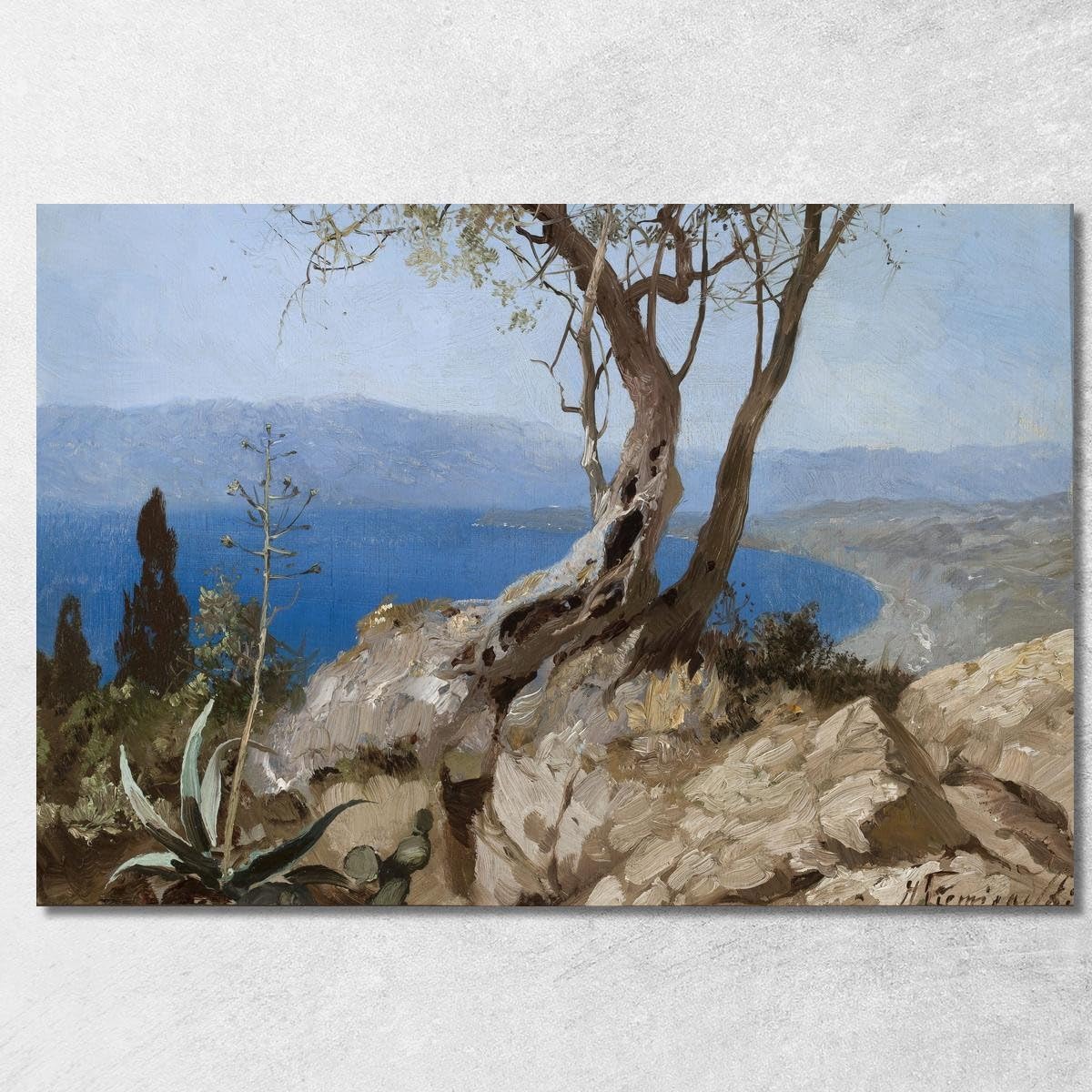 Toile Fine Art Henryk Siemiradzki vue sur le lac paysage rocheux pour grand salon lumineux