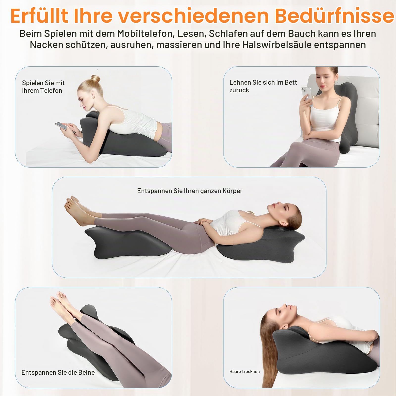 MINGPINHUIUS Keilkissen, Lesekissen & Lendenkissen - Entspannungskissen für Bett, Sofa und Boden - Orthopädisches Stützkissen gegen Rücken- und Nackenschmerzen - Aus Memory Schaumstoff (Dunkelgrau)