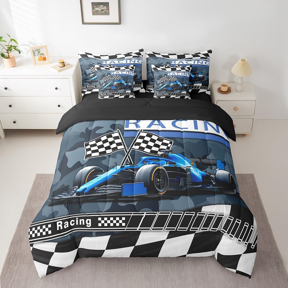 男の子 ティーン レースカー コンフォーターセット ベッドインバッグ 7ピース クイーン、レーシングスポーツ レーシングフラッグ キ