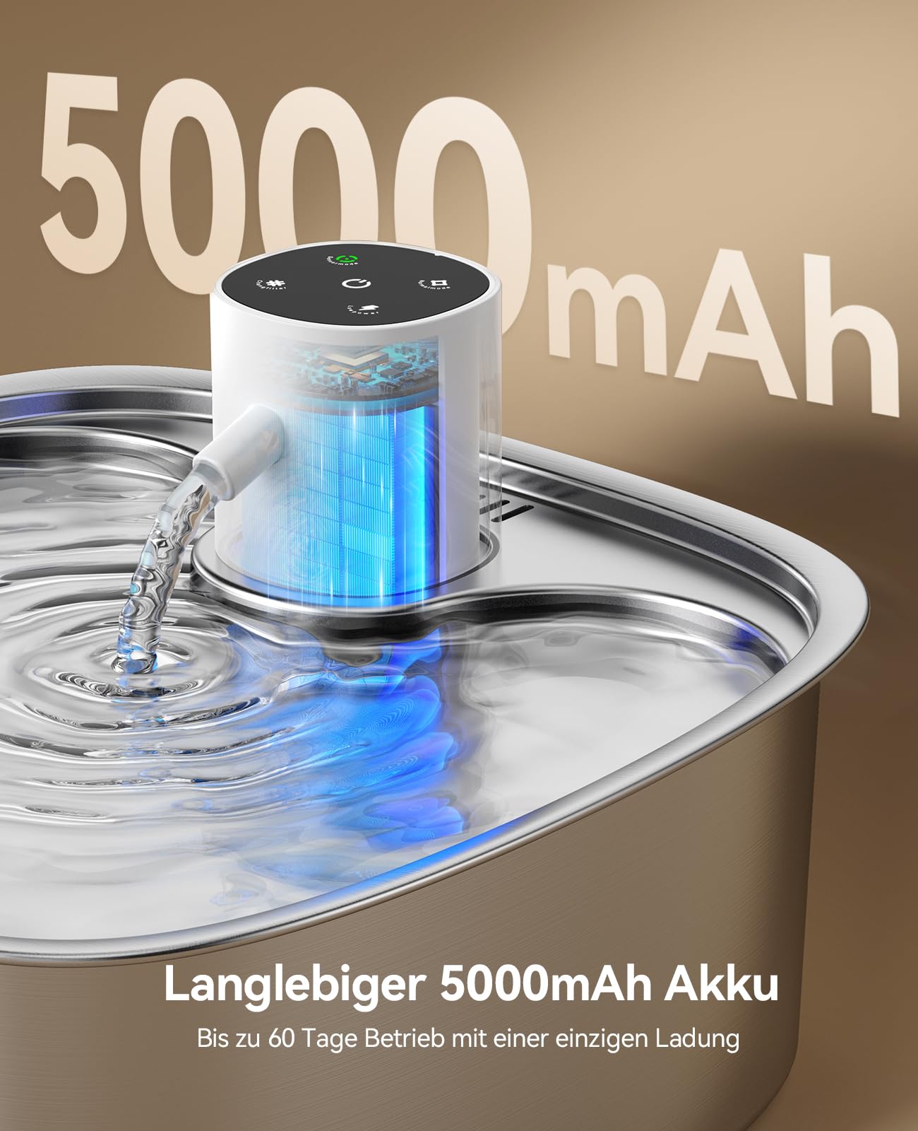 FEELNEEDY 8L Katzenbrunnen Kabellos, 5000mAh Trinkbrunnen für Hunde mit 3 Filters, Katzenbrunnen Edelstahl Spülmaschinenfest, Verbesserter Radarsensor