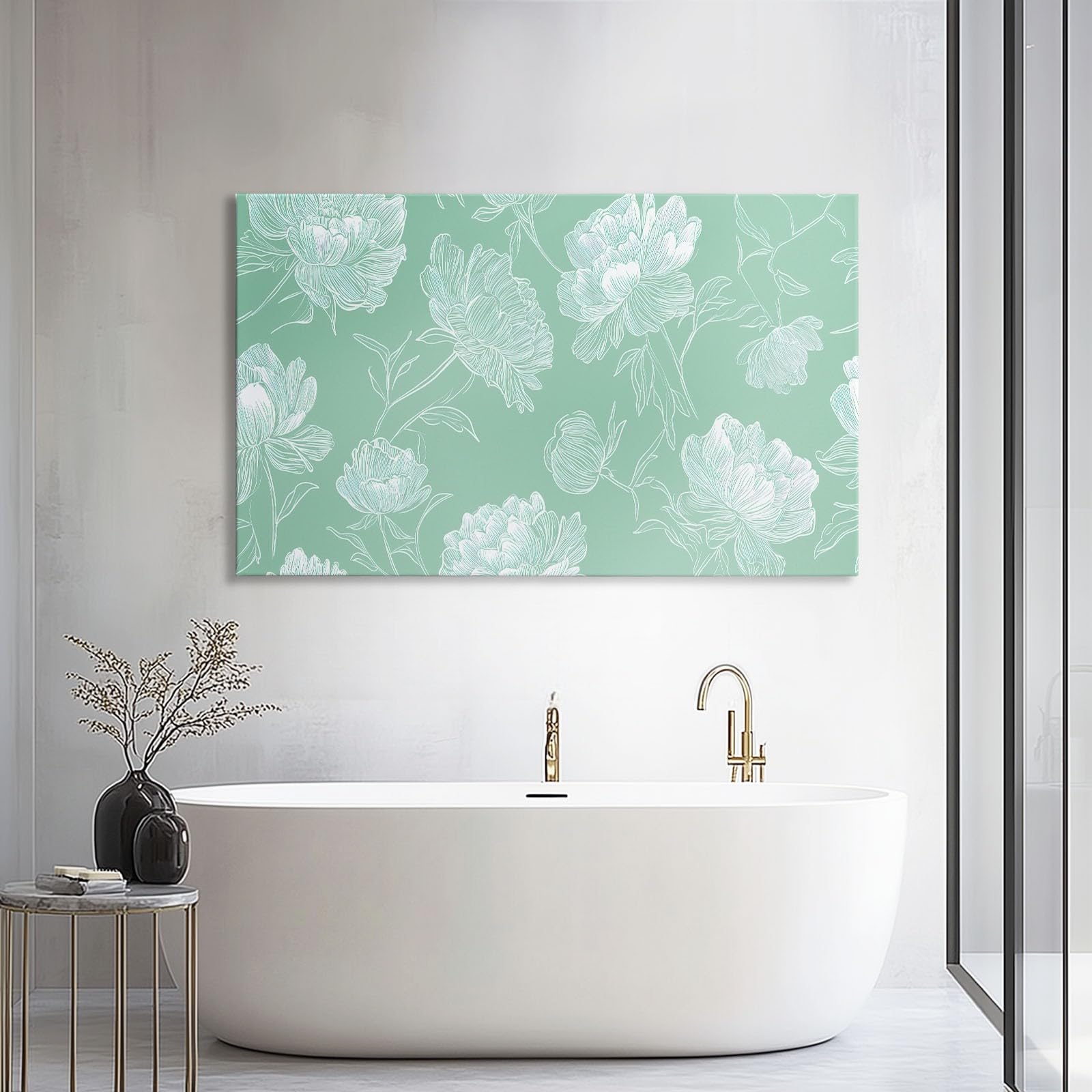Generisch Elegant Pflanzen Blumen Pfingstrose Modernes Leinwandbild 90L x 60B cm mit Rahmen, Minimalistisch XXL Wanddeko für Wohnzimmer Geschenk Idee Einzug - Hochwertiger Kunstdruck auf Holzrahmen
