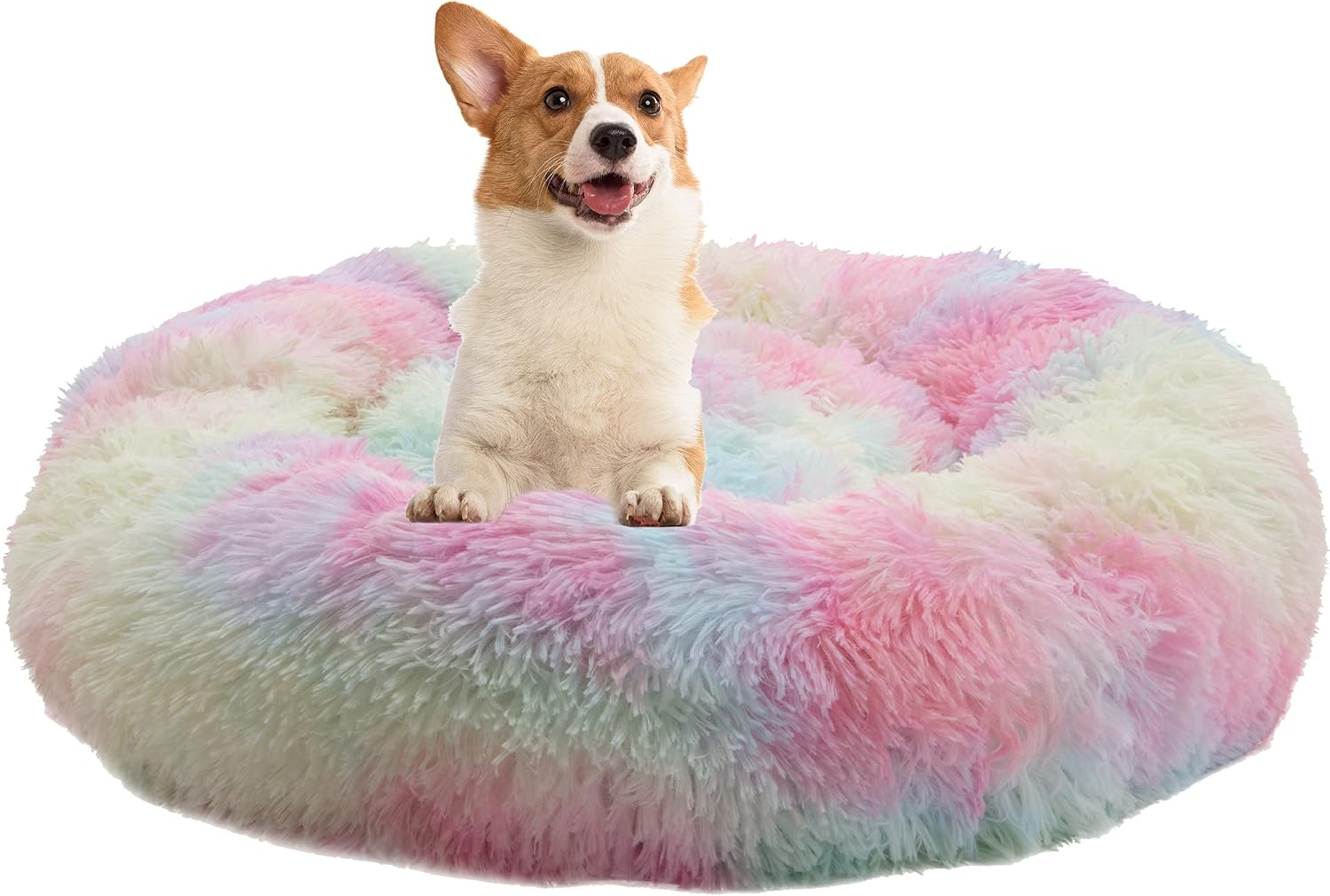XZKING Extra Large Dog Calming Bed, Fluffy Round Dog Bed, Washable Anti Anxiety Donut Pet Bed for Large Dogs XL(31.5" x 31.5"), Multicolor