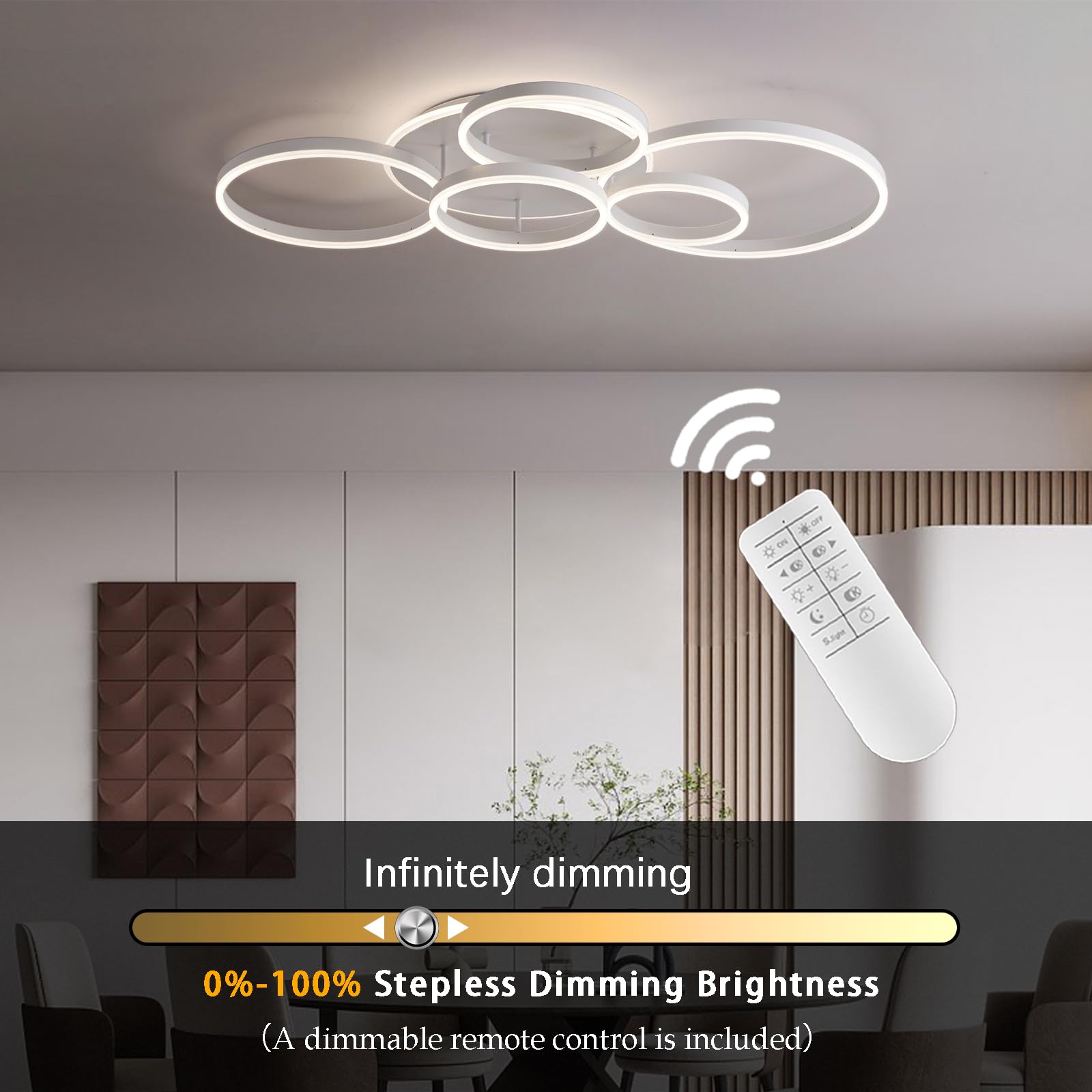 Dimmbare Led Deckenleuchte,Unterputz-Wohnzimmerlampe,108 W,6400 Lm,Deckenleuchte Mit Fernbedienung,6-Ring-Kronleuchter FüR Wohnzimmer, Schlafzimmer, Esszimmer, 3000–6000 K,Weiß,L116CM