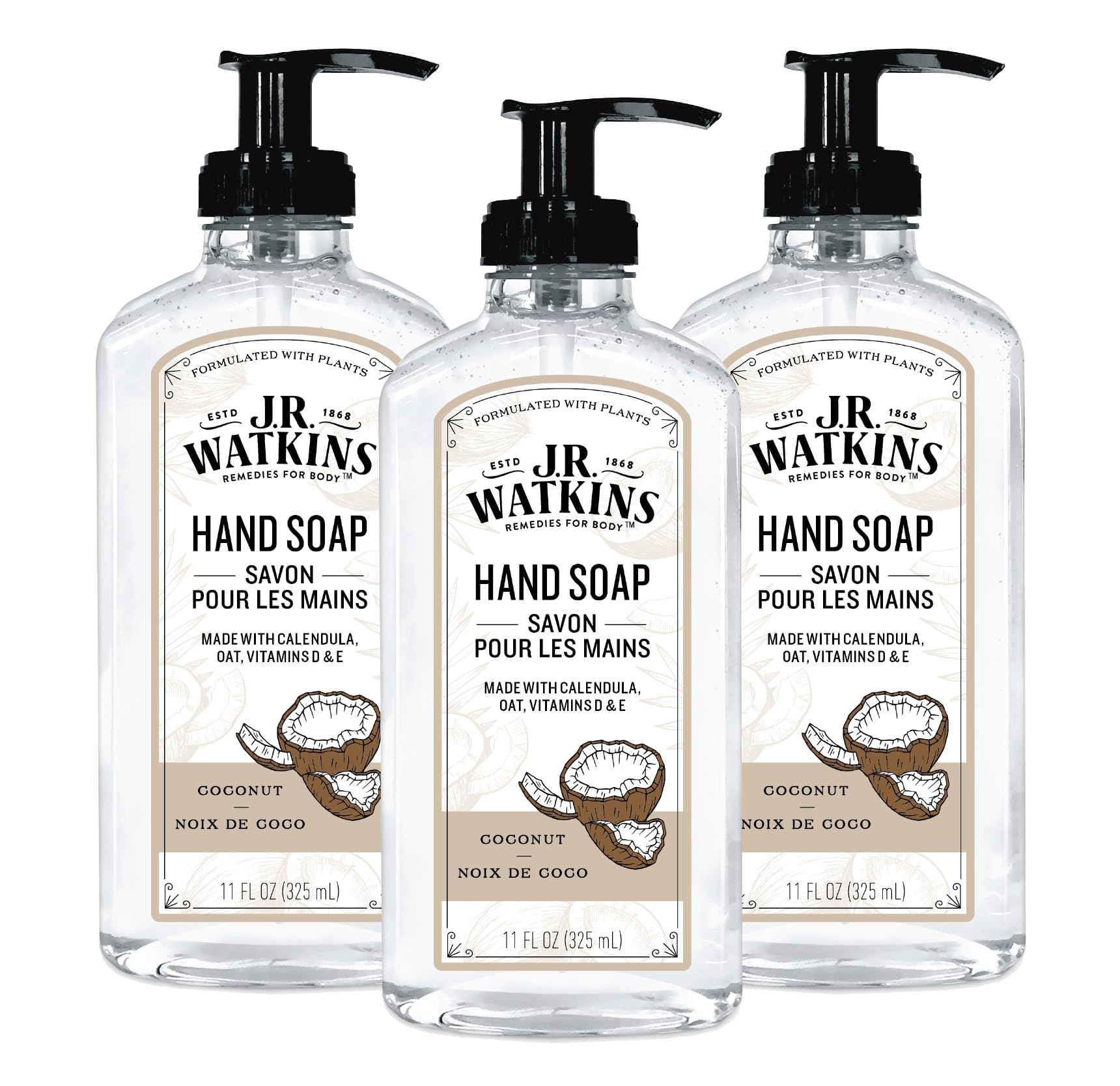J.R. Watkins Gel Hand Soap, 3 Pack of 11 Fl Oz, Coconut