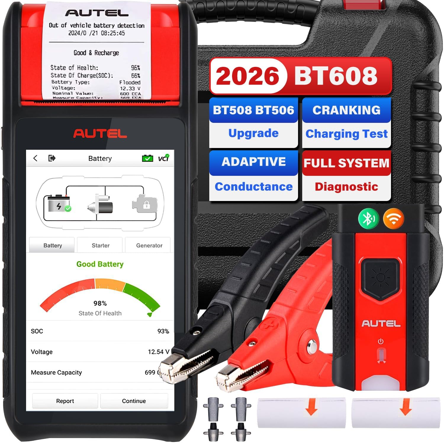 Autel MaxiBAS BT608 (E) Tester Batteria Auto, 2026 in su di BT508/BT506, Conduttanza Adattiva (Valore 1000+), Test Carica Avviamento come BT609, Reset Batteria, Sistemi Completi MK808S/MX808S