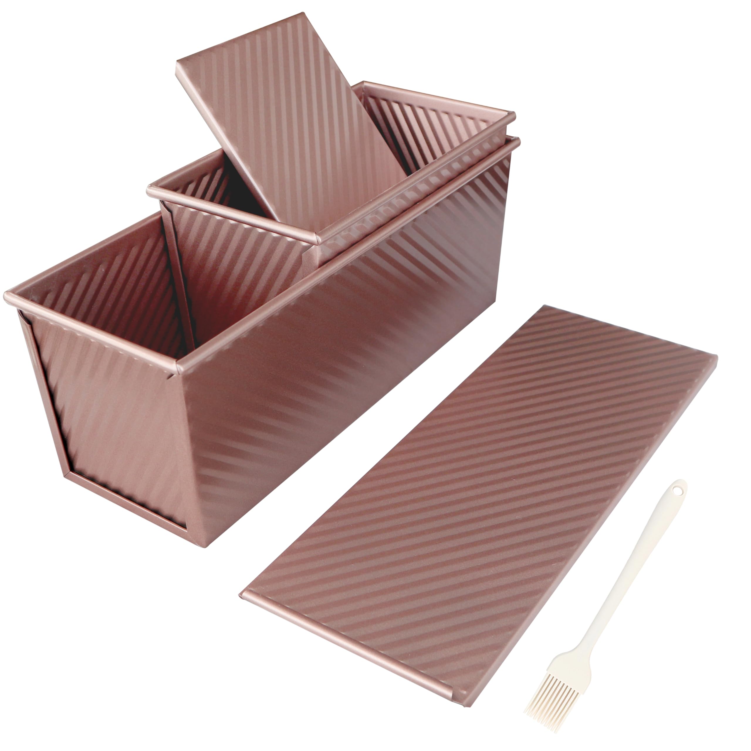 LTTFARKE Heavy-Duty 1LB & 2LB Pullman Loaf Tin Set with Lids & Silicone Brush, Carbon Steel Bread Tins, Non-Stick Loaf Pans for Sandwich Bread, Shokupan & Homemade Bread(2, Gold, 2+1LB)
