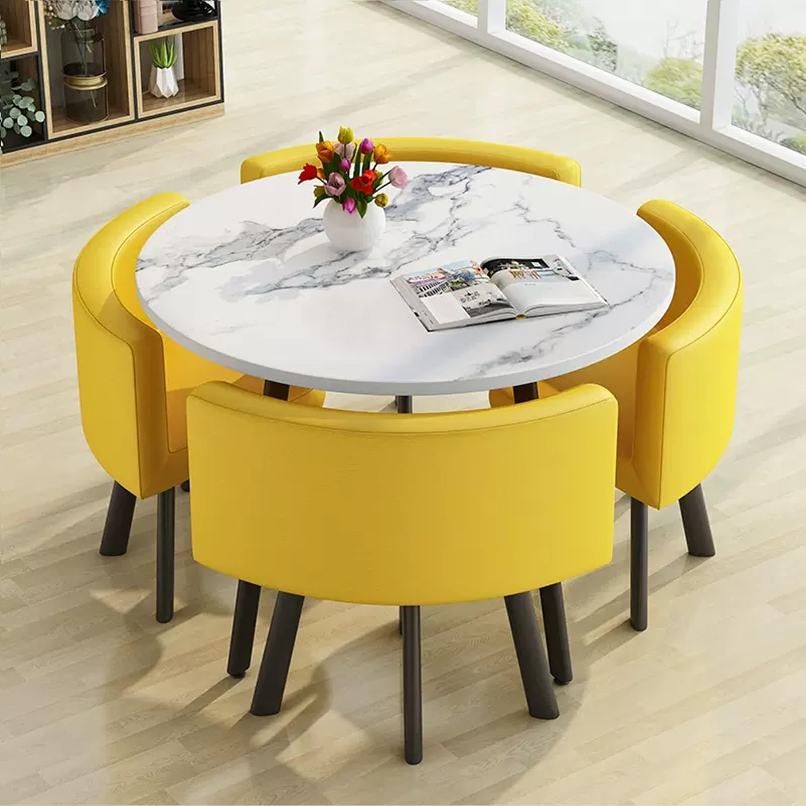 AYCDL SpaceSaving Round Dining Table Set with 4 Chairs for Conference Room & Office – Versatile Reception Table Negotiation Desk & Coffee Table Combo,Pu-leder26