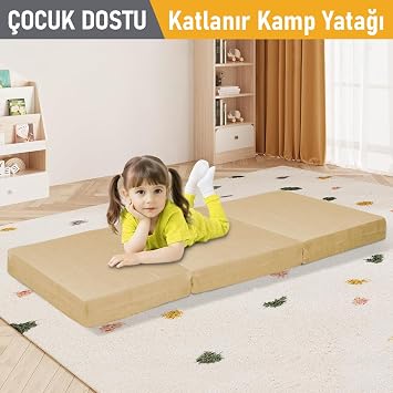 Haegs Katlanır Yatak, Kamp Yatağı, Kamp Matı, Sünger Çocuk Yatağı, Yıkanabilir Kılıf, Misafir için, Seyahat, Kamp, Araç, Karavan, Çadır ve Yoga için İdeal; 22 Dens - 155x65x10 cm - Bej