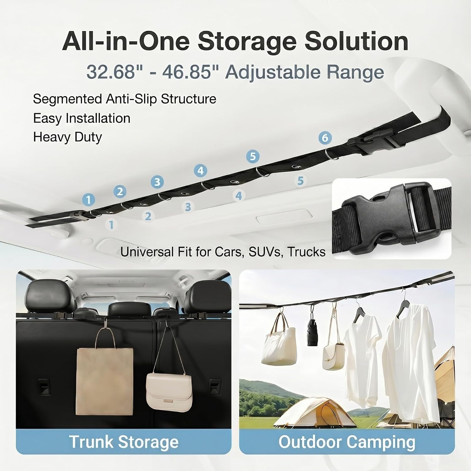 32.68" - 46.85" Adjustable Car Clothes Hanger Strap, Wider Clothes Rack for Car with Segmented Design & Reinforced Snap Fastener, High Load Capacity Cars Hanger Strap for Trucks Cars SUVs