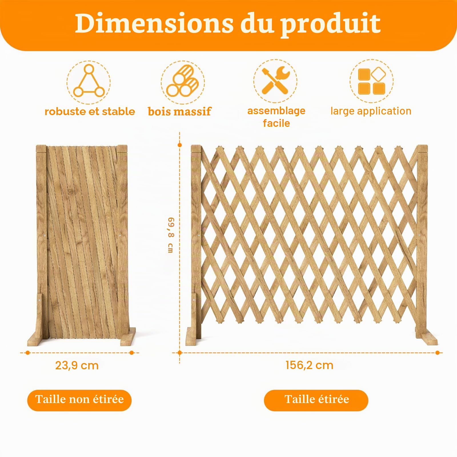 Nisorpa Lot de 2 panneaux de clôture extensibles en bois massif pour clôture de jardin, rétractable, autoportante, pour animaux domestiques, 34 à 160 cm