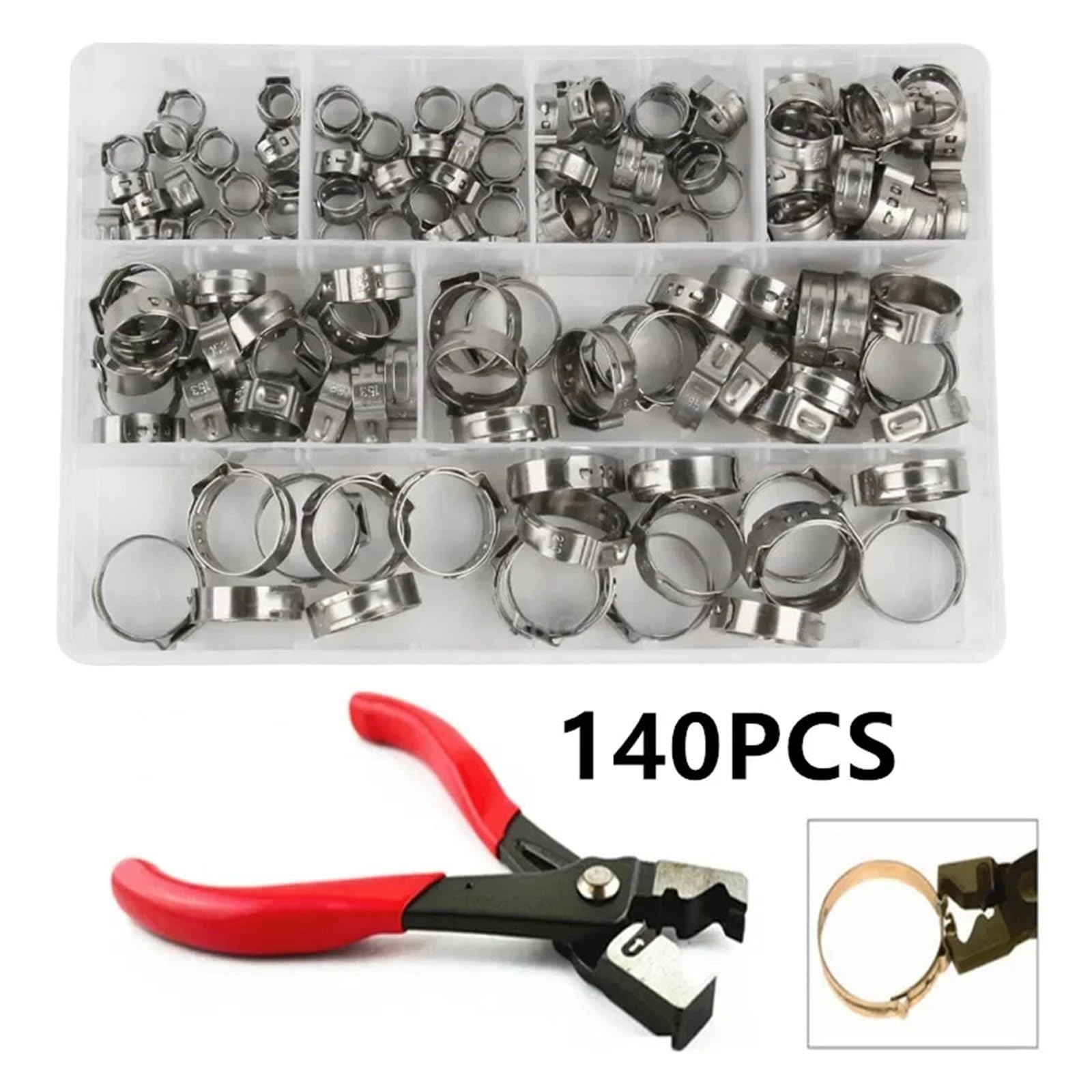 Kit De Colliers De Serrage 140 pièces Assorties 7-21mm Simple Oreille Colliers de Serrage en continu 1PC Collier de Serrage Pince Colliers de Serrage Ensemble(140pcs)