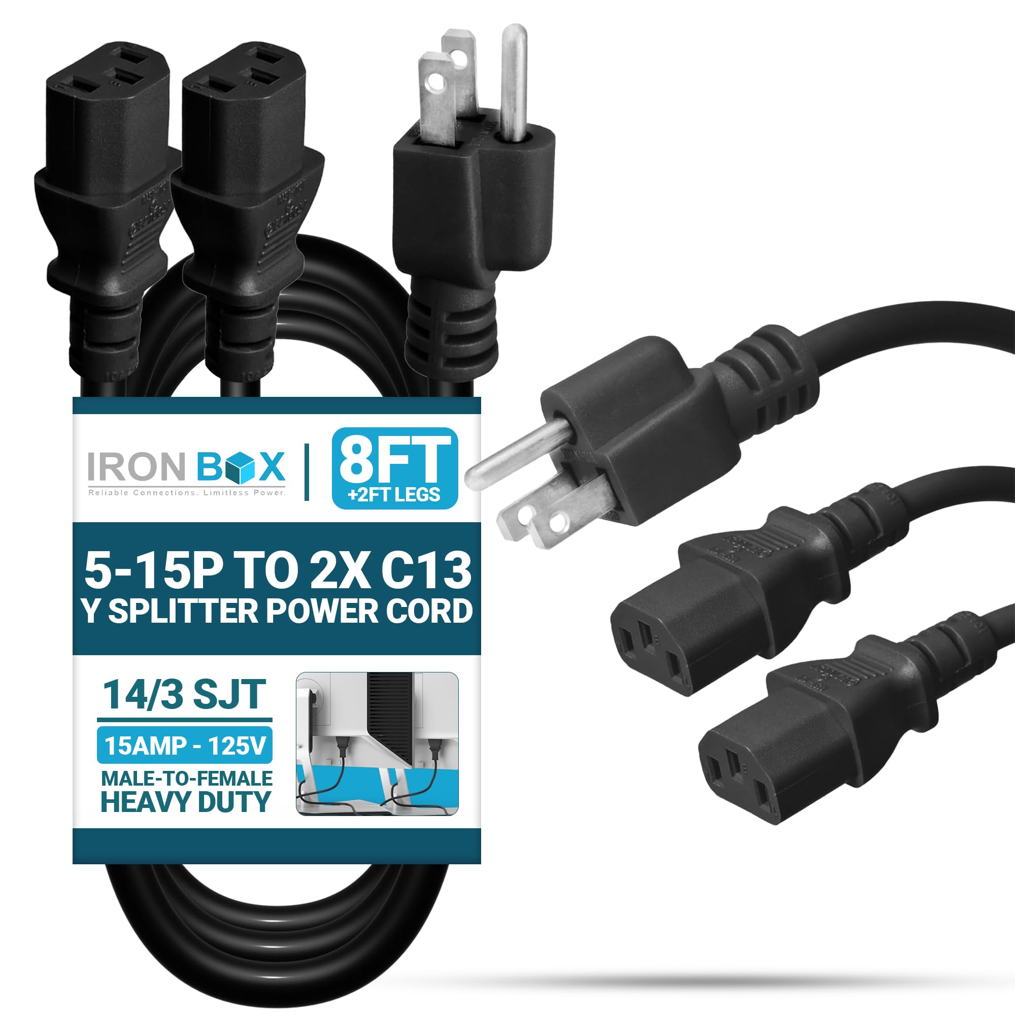 IronBox Electric NEMA 5-15P to 2X C13 Y Splitter Cords -15A, 125V, 14/3 SJT - UL Listed AC Power Cord - Heavy Duty Power Extension Cable for Data