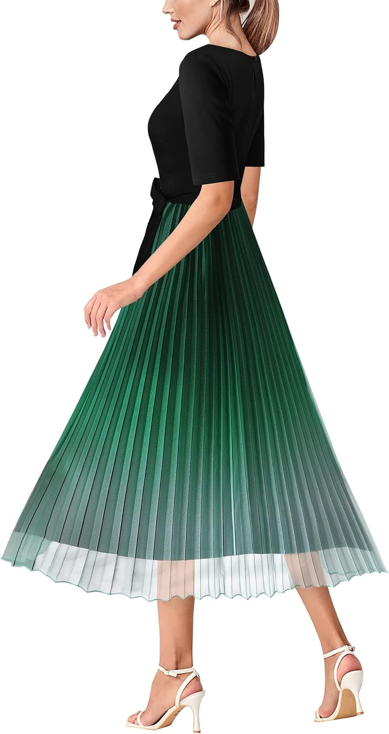 VFSHOW Womens Elegant Patchwork Belted Work Business Office Casual Party Pleated A-Line Midi Dress