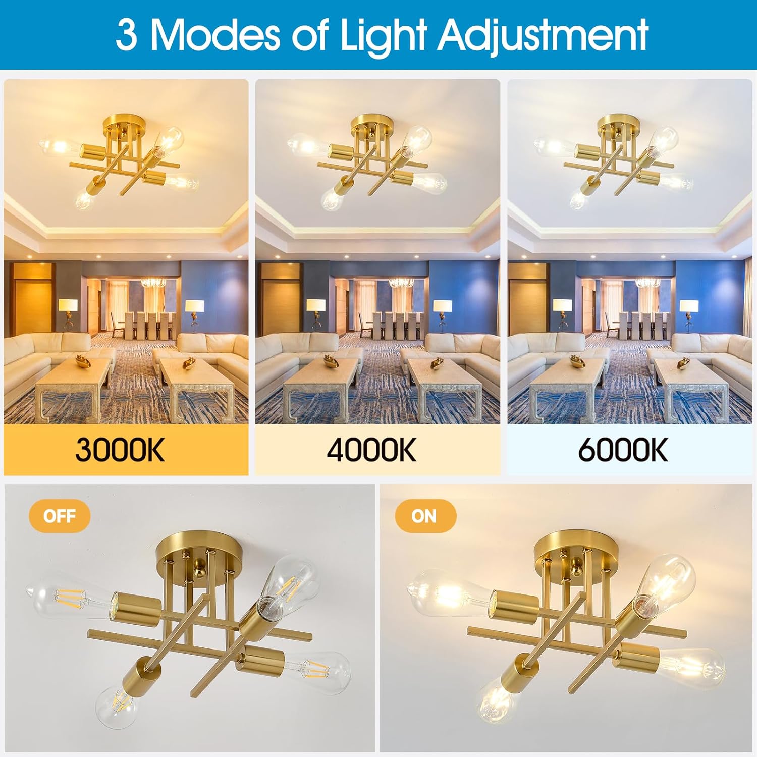 EGM 4-Light Bedroom Light Fixture, Gold Sputnik Ceiling Light Fixture with E26 Bulb Base, Modern Semi Flush Mount Ceiling Lamp for Dining Room Foyer Kitchen Living Room (2 Pack)