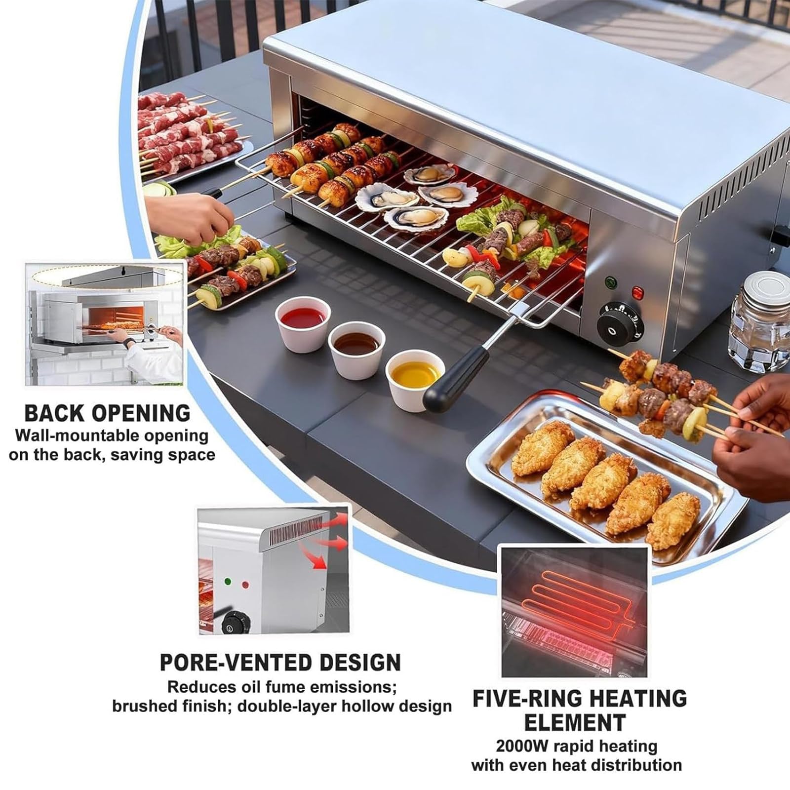 Horno de salamandra eléctrico Comercial con Control termostático, Potencia de 2000 W, Rejilla Ajustable para cocinar Perfectamente, para Pizza, Pollo asado y Carne en cocinas Profesionales