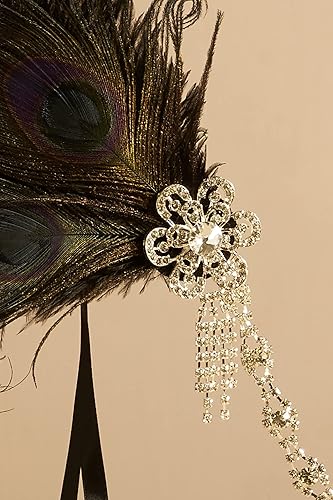 Miniatura 8 de BABEYOND - Diadema clásica estilo flapper de 1920 los locos años 20 Gran Gatsby banda con pluma de pavo real para el cabello