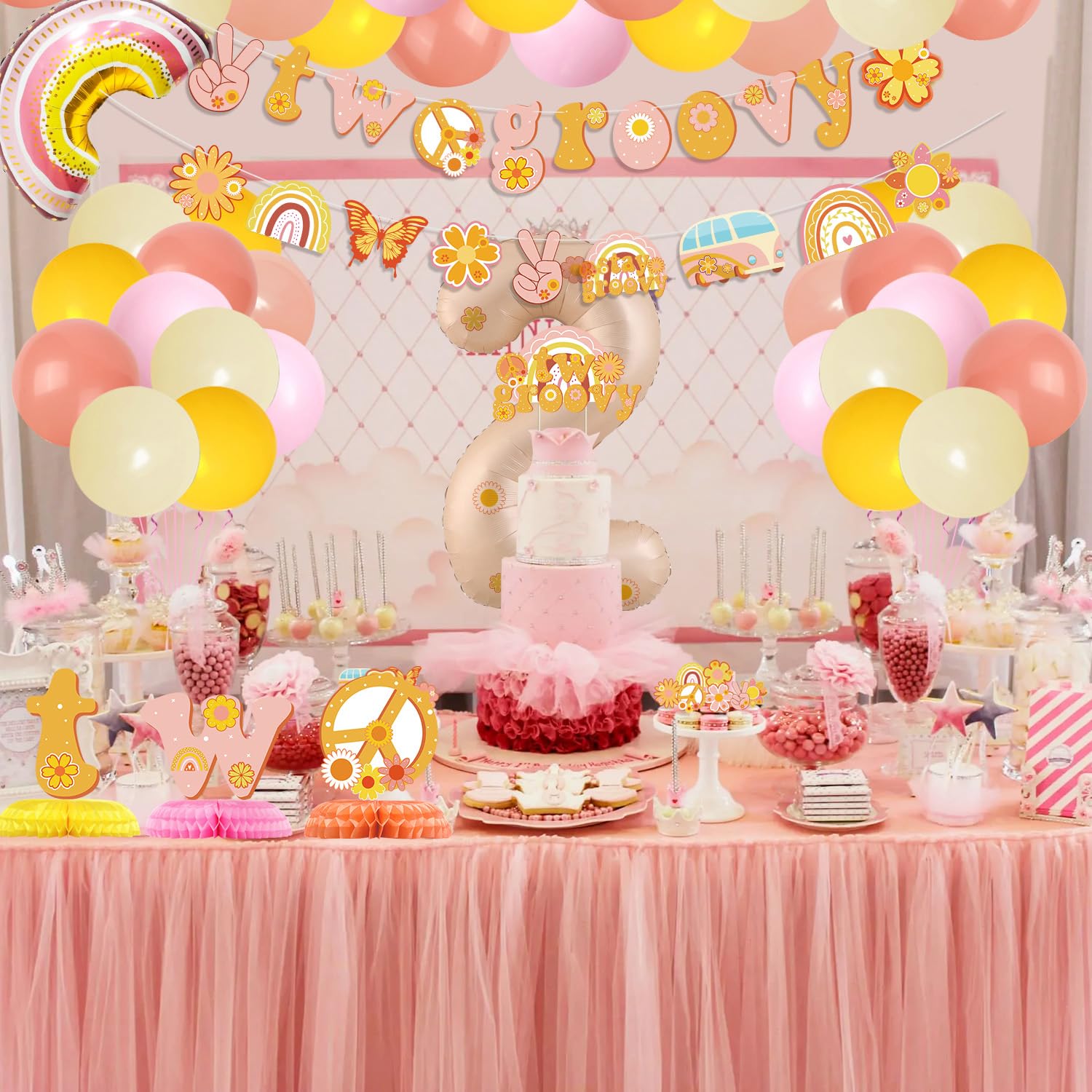 Two Groovy Birthday Party Decorations - Daisy Theme 2nd Birthday Supplies Kit