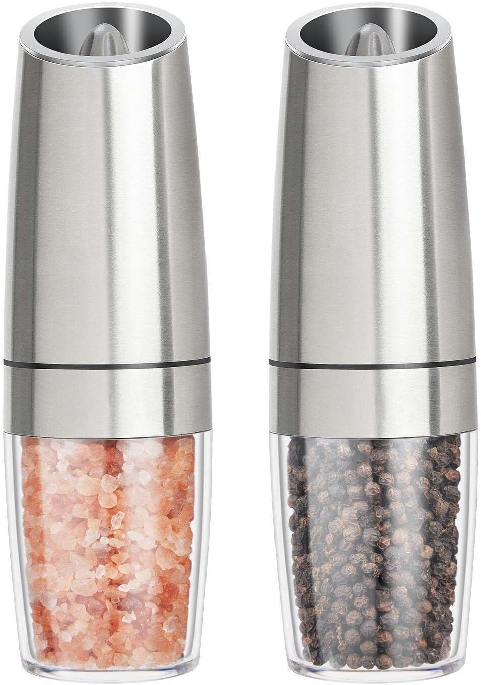 Electric Salt and Pepper Grinder Set, Adjustable Coarseness, Battery Powered with LED Light, One Hand Automatic Operation, Stainless Steel, 2 Pack