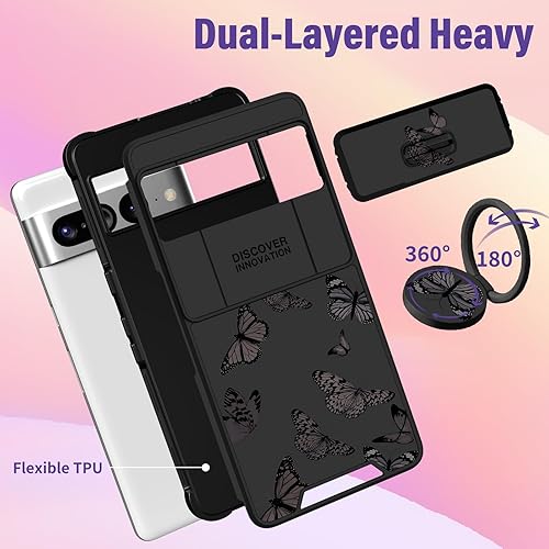 Miniatura 5 de (2en1 para Google Pixel 7 Pro Funda para Mujeres Mariposa Linda Niñas Cubierta de Teléfono Diseño de Mariposa Estética Linda Diseño Negro con